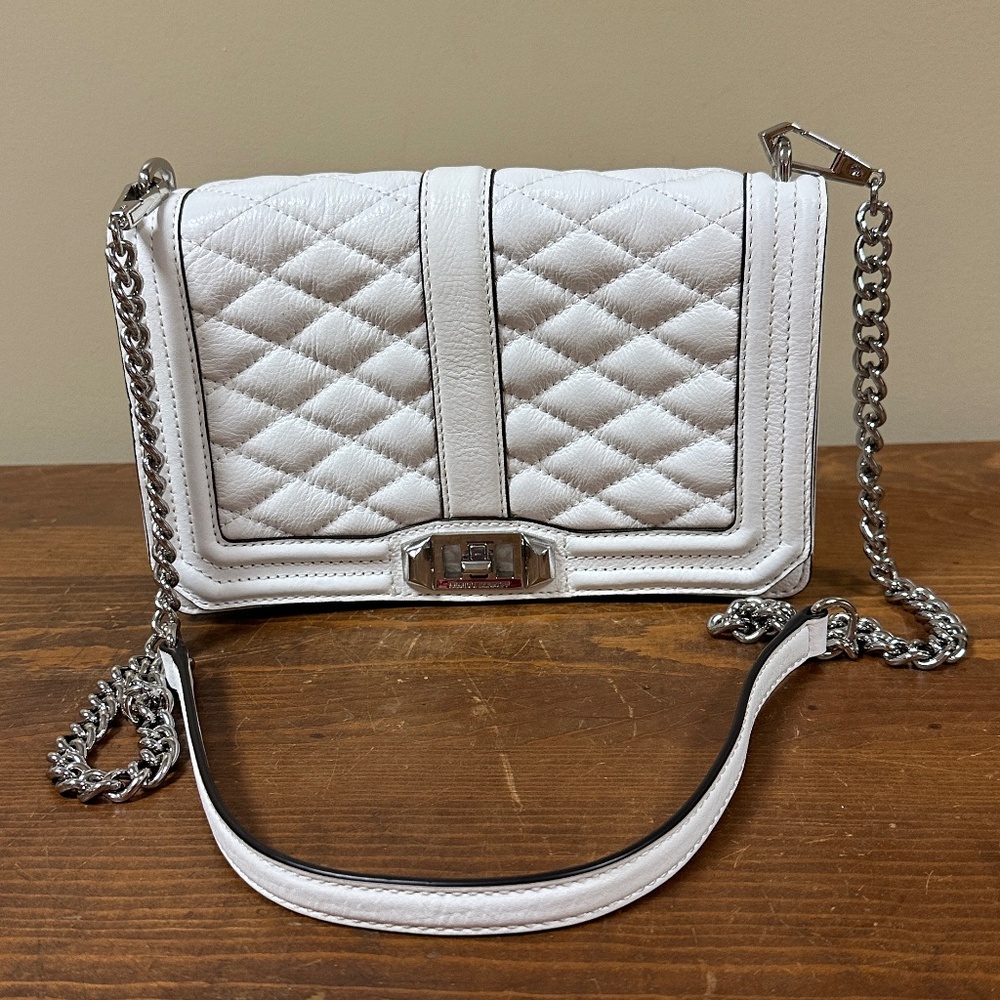 Rebecca Minkoff White Quilted Leather Crossbody Bag with Silver Chain